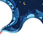 Colorful abstract design featuring a flowing blue shape with a night sky theme, incorporating elements like stars and foliage, ideal for a Michigan web design project.