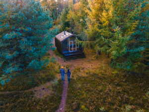 Aerial view of a couple walking towards a modern cabin surrounded by vibrant autumn trees, highlighting the serene beauty of Michigan's natural landscape, ideal for showcasing Michigan web design services focused on outdoor and lifestyle themes.