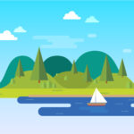 A serene illustration of a sailboat on calm water, surrounded by lush green hills and a clear blue sky, representing the beauty of Michigan's natural landscapes, ideal for showcasing Michigan web design themes.