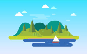 A serene illustration of a sailboat on calm water, surrounded by lush green hills and a clear blue sky, representing the beauty of Michigan's natural landscapes, ideal for showcasing Michigan web design themes.