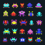 Colorful pixel art featuring various retro-style alien characters, showcasing creativity and nostalgia in design. Ideal inspiration for Michigan web design projects that incorporate playful and engaging visuals.