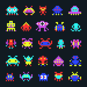 Colorful pixel art featuring various retro-style alien characters, showcasing creativity and nostalgia in design. Ideal inspiration for Michigan web design projects that incorporate playful and engaging visuals.