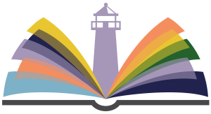 Logo design featuring a lighthouse with colorful rays emanating from an open book, symbolizing guidance and creativity in Michigan web design.