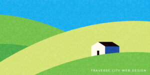 Illustration of a minimalist landscape featuring rolling green hills and a small white house under a blue sky, representing the serene beauty of Michigan. Ideal for showcasing Michigan web design themes focused on nature and simplicity.