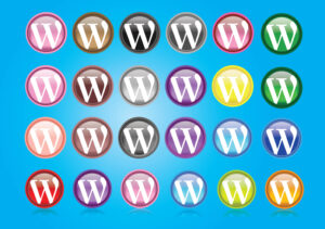 Colorful WordPress logos arranged on a blue background, representing various themes and styles for Michigan web design.