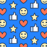 Colorful pattern featuring smiley faces, thumbs up, hearts, and stars on a blue background, representing positive emotions and engagement, relevant for Michigan web design aesthetics.