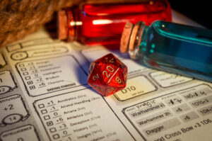 Close-up of a red D20 dice on a character sheet with colorful potion bottles in the background, representing the fun of tabletop gaming. Ideal for Michigan web design focused on gaming or hobbyist websites.