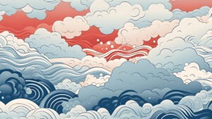 Abstract illustration of colorful clouds and waves, showcasing a serene sky and ocean scene, ideal for Michigan web design themes focused on nature and tranquility.