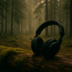 Black headphones resting on a moss-covered log in a misty forest, symbolizing creativity and inspiration, ideal for Michigan web design projects.