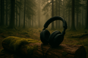 Black headphones resting on a moss-covered log in a misty forest, symbolizing creativity and inspiration, ideal for Michigan web design projects.