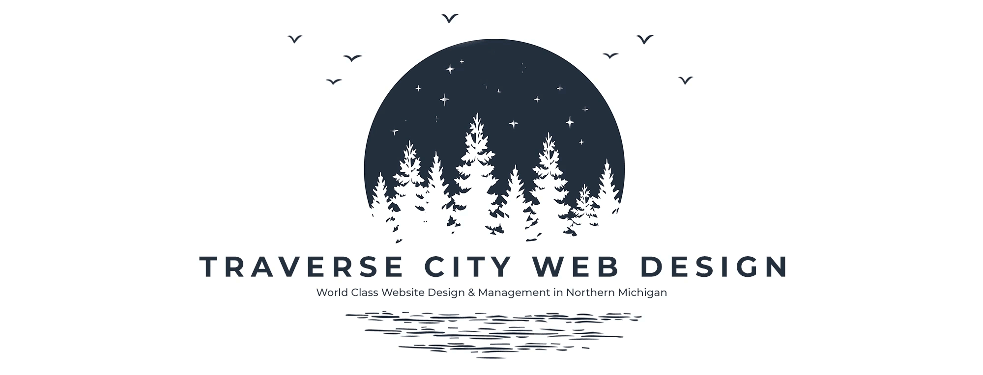 Logo for Traverse City Web Design, featuring a night scene with trees and stars, emphasizing world-class website design and management services in Northern Michigan.