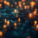 Abstract digital network with glowing orange and blue lights, representing technology and connectivity, ideal for Michigan web design themes.