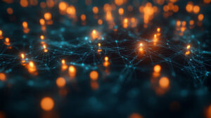 Abstract digital network with glowing orange and blue lights, representing technology and connectivity, ideal for Michigan web design themes.