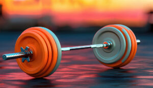 Close-up of a barbell with orange weights on a gym floor, representing fitness and strength training. Ideal for Michigan web design related to health and wellness websites.