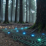 A futuristic circuit pattern illuminated with blue and yellow lights on the forest floor, surrounded by tall trees, symbolizing the intersection of technology and nature, relevant to Michigan web design innovations.