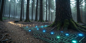 A futuristic circuit pattern illuminated with blue and yellow lights on the forest floor, surrounded by tall trees, symbolizing the intersection of technology and nature, relevant to Michigan web design innovations.