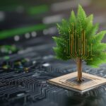 A digital tree with circuit patterns growing from a microchip, symbolizing the integration of technology and nature in Michigan web design.