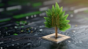 A digital tree with circuit patterns growing from a microchip, symbolizing the integration of technology and nature in Michigan web design.