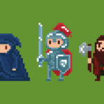 Pixel art characters including a wizard, knight, and warrior, set against a green background, showcasing creativity in game design. Ideal for Michigan web design projects focused on gaming or animation.