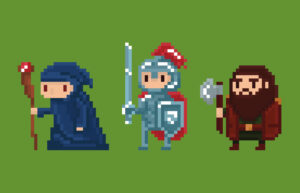 Pixel art characters including a wizard, knight, and warrior, set against a green background, showcasing creativity in game design. Ideal for Michigan web design projects focused on gaming or animation.