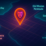 Digital map highlighting locations around Traverse City, Michigan, with a focus on web design services in the area.