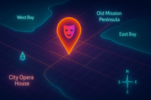 Digital map highlighting locations around Traverse City, Michigan, with a focus on web design services in the area.