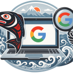 Illustration depicting a laptop with the Google logo, surrounded by elements representing Michigan's natural beauty, such as mountains and waves, emphasizing the importance of SEO in Michigan web design.