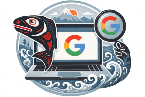 Illustration depicting a laptop with the Google logo, surrounded by elements representing Michigan's natural beauty, such as mountains and waves, emphasizing the importance of SEO in Michigan web design.