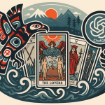 Colorful illustration featuring a tarot card titled "The Lovers" surrounded by a stylized landscape with mountains and waves. The design includes an eagle and elements representing Michigan web design, showcasing a blend of nature and mysticism.