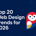 Graphic illustrating the top 20 web design trends for 2026, featuring an owl logo on a blue background, highlighting innovative approaches relevant to Michigan web design.