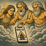 Three mythological figures express frustration over a smartphone displaying a warning about poor user experience (UX), symbolizing the importance of effective web design. This image highlights the need for quality Michigan web design to avoid bad UX and improve digital engagement.