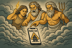 Three mythological figures express frustration over a smartphone displaying a warning about poor user experience (UX), symbolizing the importance of effective web design. This image highlights the need for quality Michigan web design to avoid bad UX and improve digital engagement.