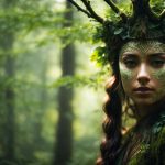 A woman with a nature-inspired headdress made of leaves and branches stands in a lush forest, embodying an ethereal connection to the environment, ideal for a Michigan web design theme focused on natural aesthetics and creativity.