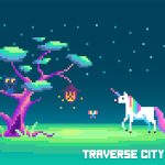 Colorful pixel art depicting a whimsical scene in Traverse City, featuring a unicorn, a vibrant tree, and playful creatures against a starry background, ideal for Michigan web design inspiration.