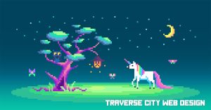Colorful pixel art depicting a whimsical scene in Traverse City, featuring a unicorn, a vibrant tree, and playful creatures against a starry background, ideal for Michigan web design inspiration.