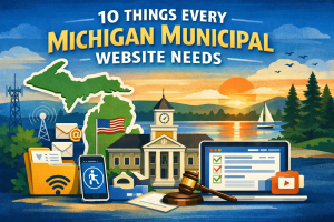 Illustration highlighting essential features for Michigan municipal websites, including accessibility, communication tools, and user-friendly design elements, emphasizing the importance of effective Michigan web design for local government.