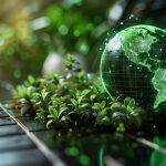 Close-up of a keyboard surrounded by vibrant green plants and a glowing globe, symbolizing the intersection of technology and sustainability in Michigan web design.