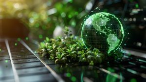 Close-up of a keyboard surrounded by vibrant green plants and a glowing globe, symbolizing the intersection of technology and sustainability in Michigan web design.