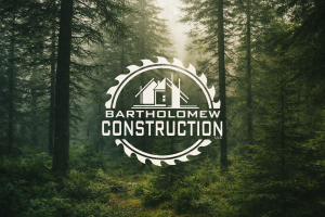 Logo of Bartholomew Construction set against a serene forest backdrop, showcasing the company's focus on quality craftsmanship. Ideal for Michigan web design services aimed at construction businesses.