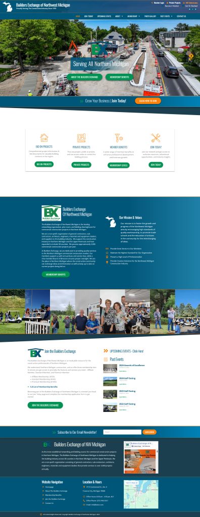 Homepage of the Builders Exchange of Northwest Michigan, featuring construction projects and services for the local community. The site promotes membership benefits, upcoming events, and resources for contractors in Northern Michigan, emphasizing the importance of networking and collaboration in the construction industry. Ideal for those seeking Michigan web design tailored for local businesses.