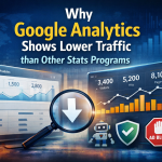 Graphic illustrating why Google Analytics shows lower traffic compared to other statistics programs, featuring data visualizations, traffic metrics, and icons representing ad blocking and analytics tools. Useful for understanding web performance in the context of Michigan web design.