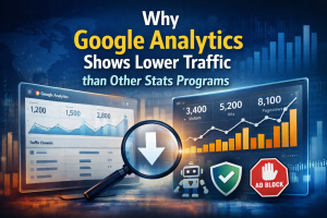 Graphic illustrating why Google Analytics shows lower traffic compared to other statistics programs, featuring data visualizations, traffic metrics, and icons representing ad blocking and analytics tools. Useful for understanding web performance in the context of Michigan web design.