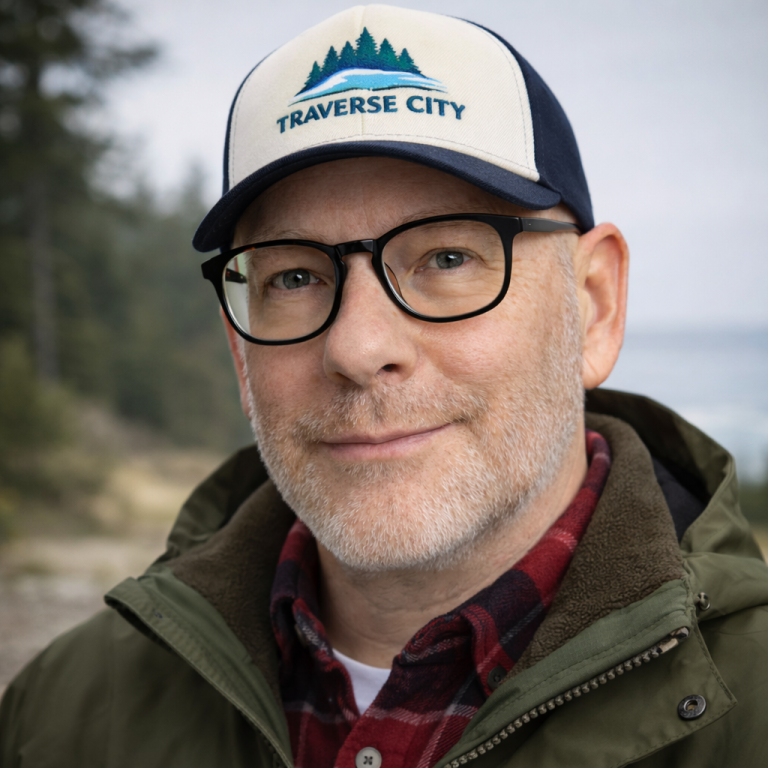 About Traverse City Web Design, A Michigan Web Design Company Portrait of a man wearing a Traverse City cap and glasses, standing outdoors near a scenic landscape, representing local Michigan web design professionals.