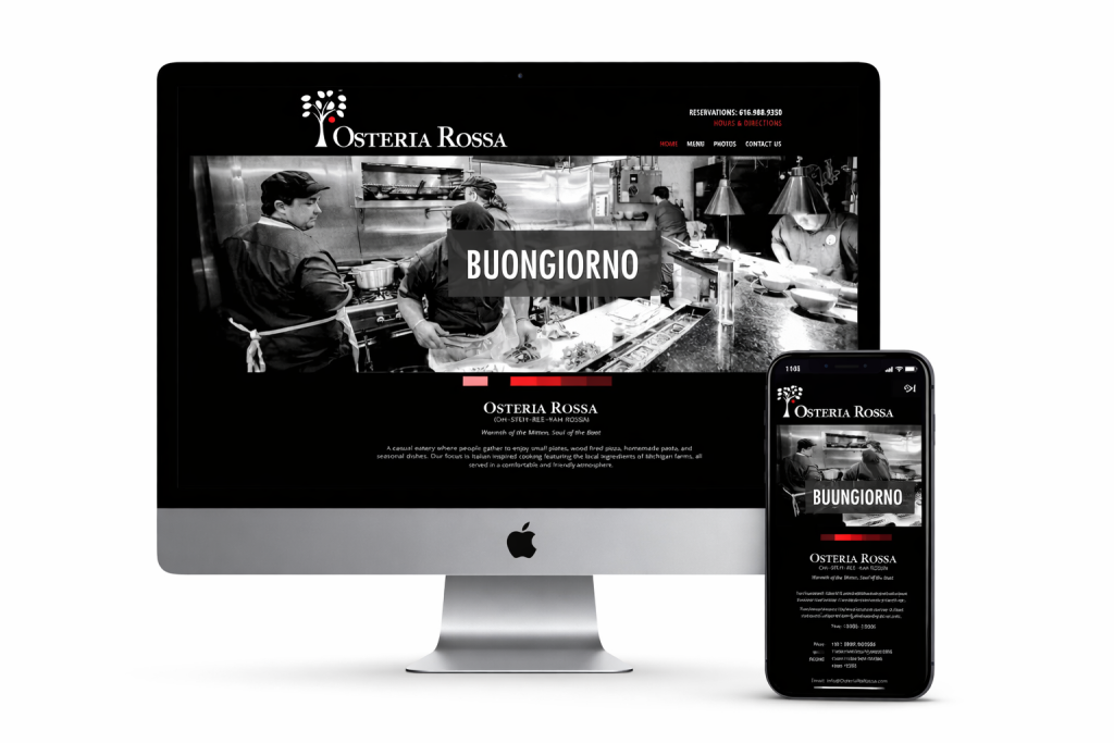 Responsive web design showcasing a restaurant website on an iMac and mobile device, featuring a stylish layout and the word "BUONGIORNO," highlighting Michigan web design expertise.