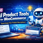 AI product tools for WooCommerce showcased with a friendly robot, a laptop displaying product titles and descriptions, and data analytics graphics. This image highlights innovative solutions for enhancing online stores, relevant for Michigan web design professionals seeking to improve e-commerce performance.
