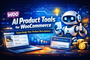 AI product tools for WooCommerce showcased with a friendly robot, a laptop displaying product titles and descriptions, and data analytics graphics. This image highlights innovative solutions for enhancing online stores, relevant for Michigan web design professionals seeking to improve e-commerce performance.