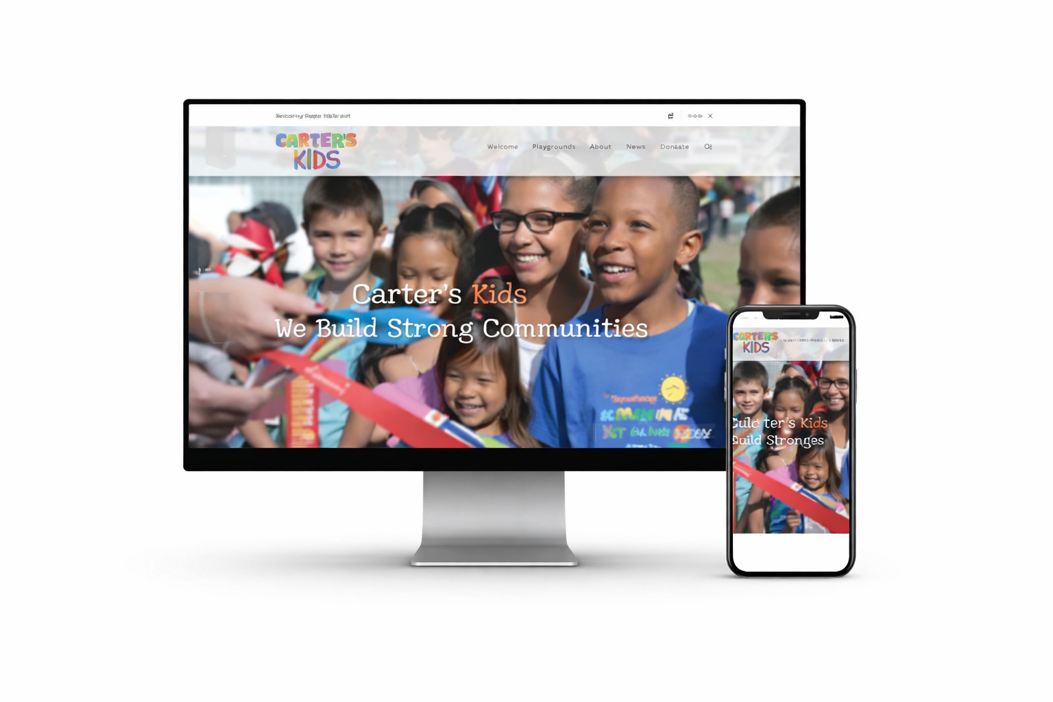 Responsive web design showcasing a vibrant community event in Michigan, featuring children and families engaging in activities, displayed on a desktop and mobile device. Ideal for Michigan web design services focusing on community engagement and user-friendly interfaces.